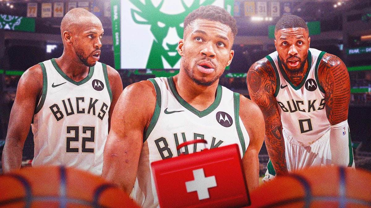 Bucks' Giannis Antetokounmpo with red medical symbol and question marks around him next to Khris Middleton and Damian Lillard