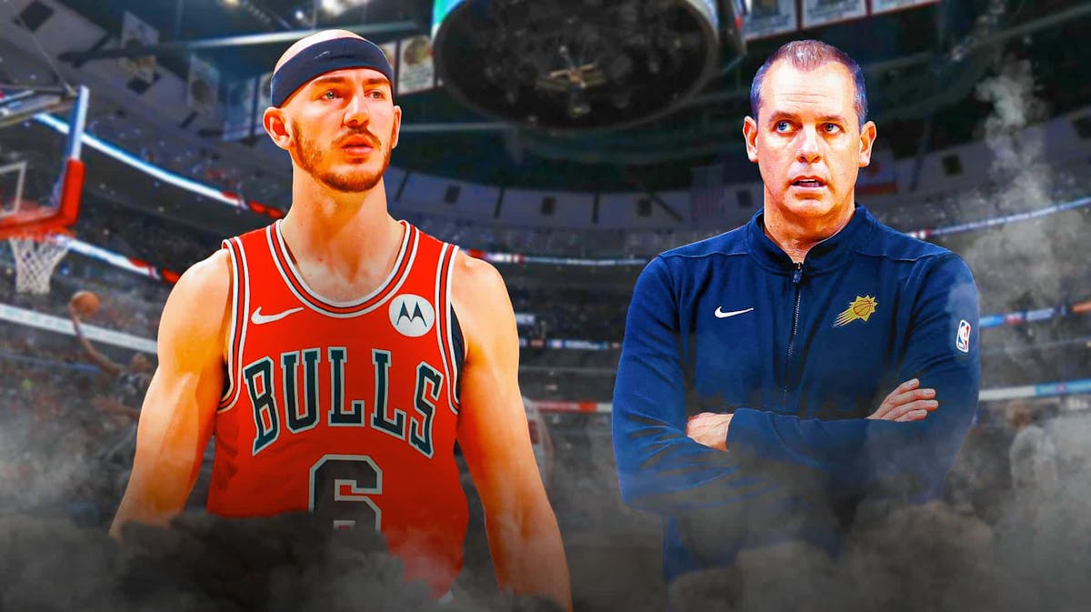 Chicago, Bulls, Suns, Alex Caruso, Frank Vogel,Frank Vogel and Alex Caruso (in Bulls uni) with Bulls arena in the background