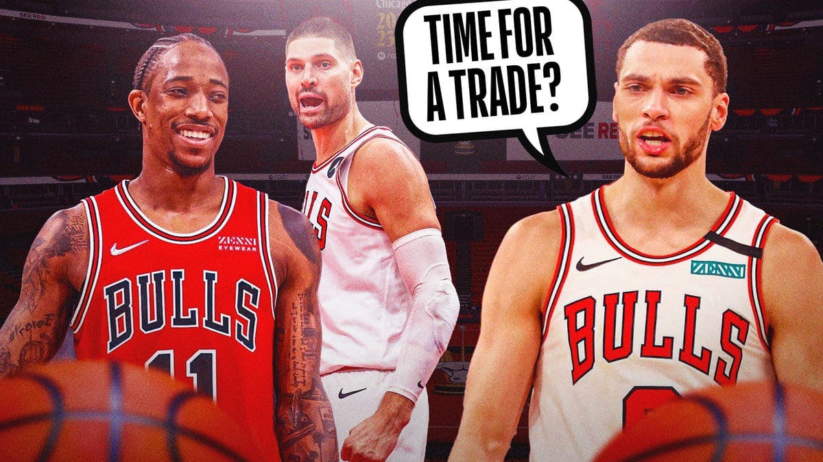 Bulls' Zach LaVine saying "Time for a trade?" next to DeMar DeRozan, Nikola Vucevic