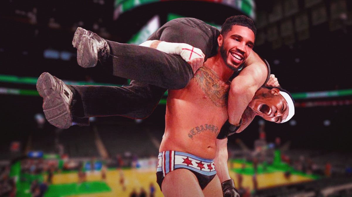 Jayson Tatum of the Celtics as CM Punk (the one carrying the other man) and Myles Turner of the Pacers as the guy getting carried
