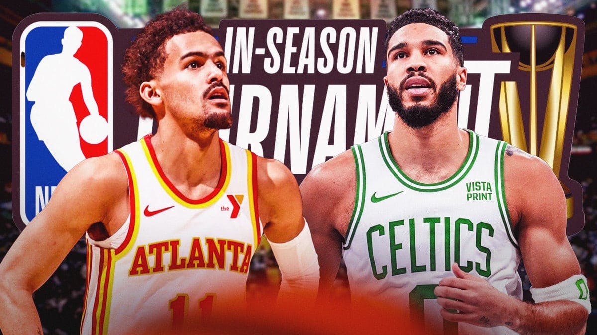 Celtics Jayson Tatum and Hawks Trae Young with the NBA In Season Tournament logo