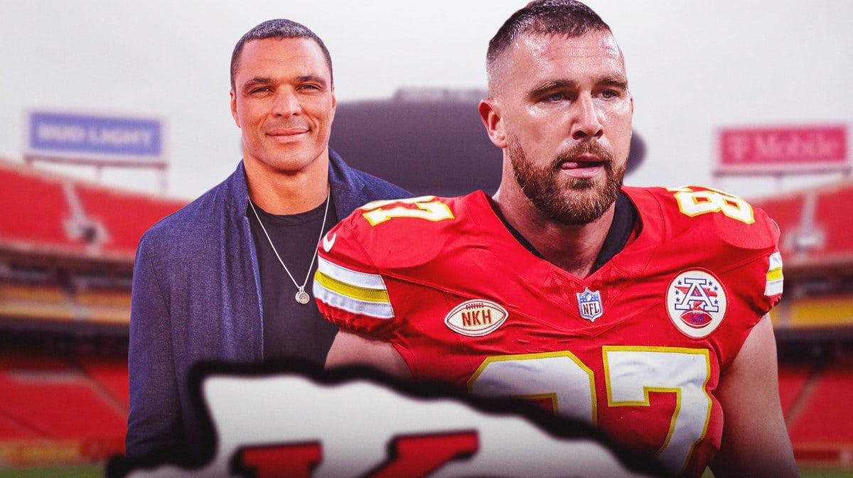 Kansas City Chief's tight end Travis Kelce and former player Tony Gonzales in front of Arrowhead Stadium.