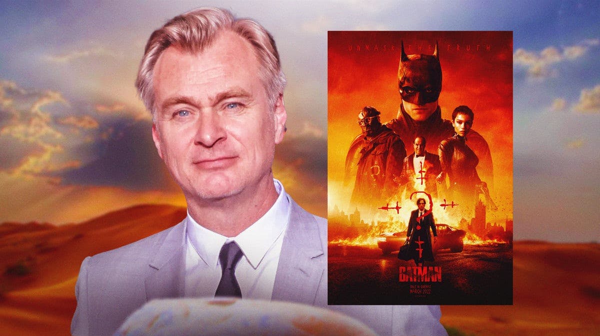 Filmmaker Christopher Nolan alongside the movie poster for Matt Reeves' The Batman