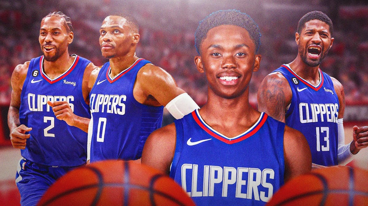 Josh Primo in Clippers uniform with Russell Westbrook, Paul George, and Kawhi Leonard