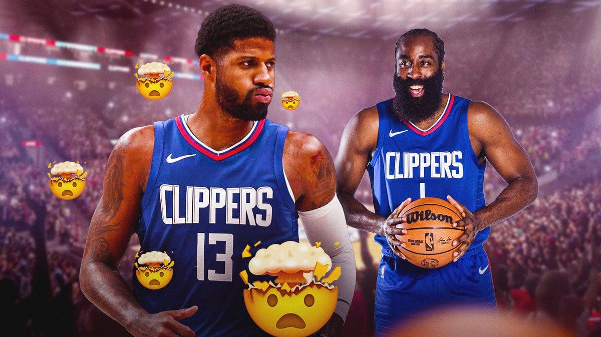 Paul George with exploding head emojis near him, James Harden in a Clippers uniform.