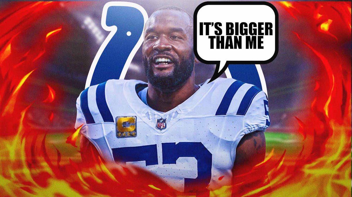 Shaq Leonard in middle of image looking happy with fire around him and speech bubble: “It’s bigger than me” , IND Colts logo, football field in background