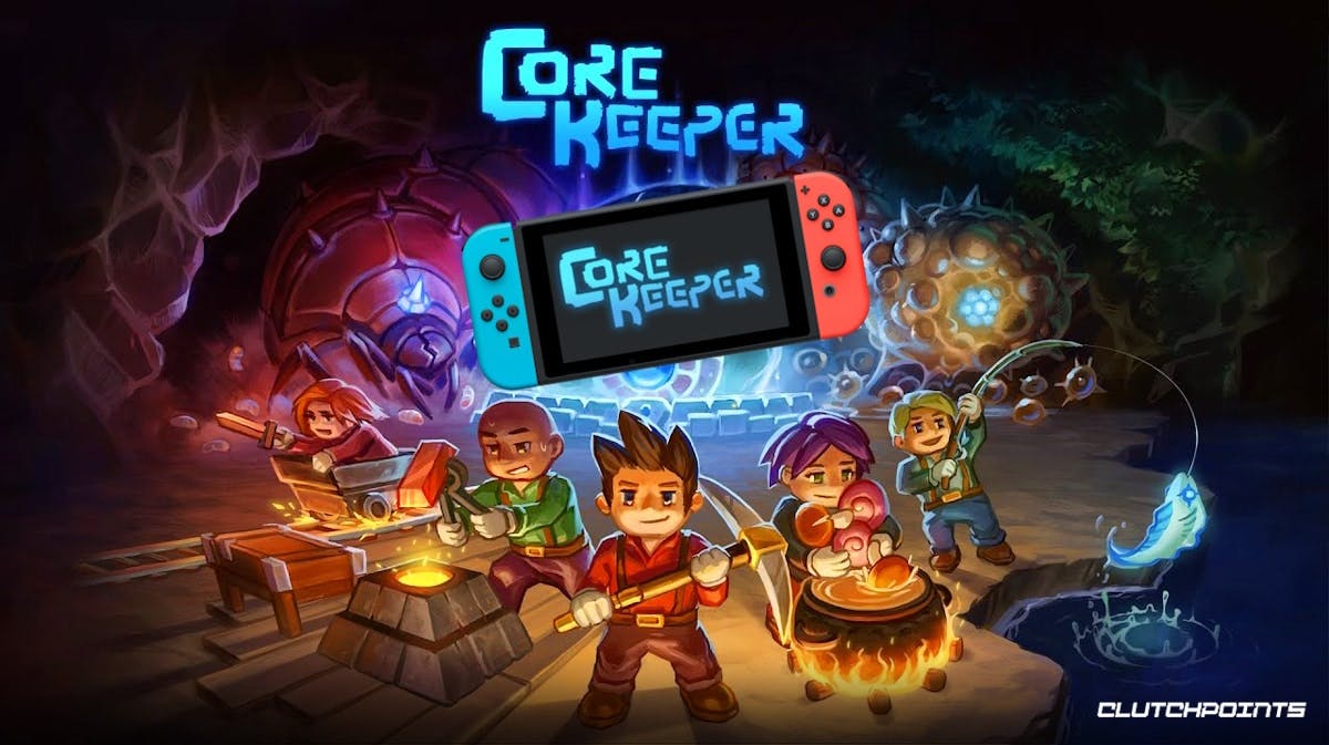 core keeper console, core keeper switch, core keeper nintendo switch, core keeper port, core keeper, the cover photo of Core Keeper with a Nintendo Switch at the center that contains the Core Keeper logo