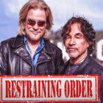 Daryl Hall and John Oates with a Hollywood sign behind htem and 'restraining order' in text.
