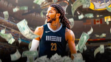 Derrick Rose surrounded by piles of cash.