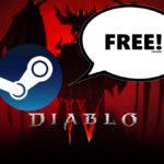 diablo 4 free, diablo 4 free play, diablo 4 steam, diablo 4, key art for Diablo 4 with the steam logo in front with a speech bubble that says Free (for now)