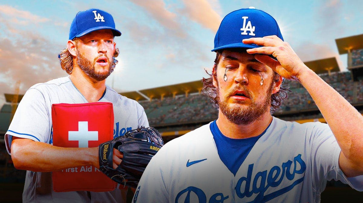Trevor Bauer with animated tears. Dodgers' Clayton Kershaw holding a first aid kit.