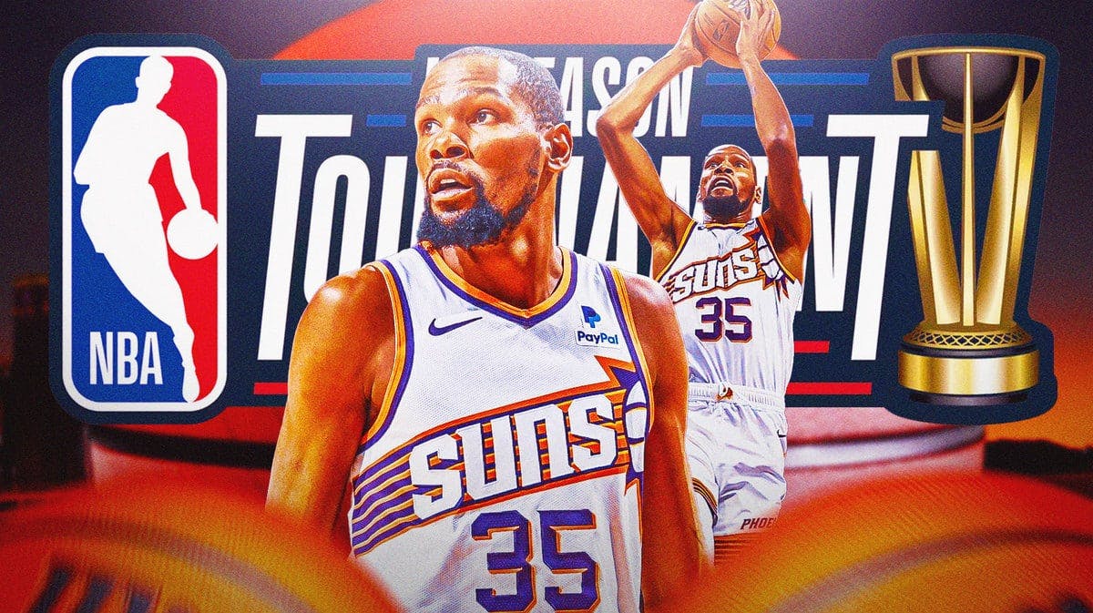 Phoenix Suns forward Kevin Durant in front of NBA in-season tournament logo