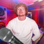 Ed Sheeran with recording studio background.