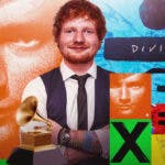Ed Sheeran with Grammy award and album covers of Addition, Multiply, Divide, Equals, and Subtract.