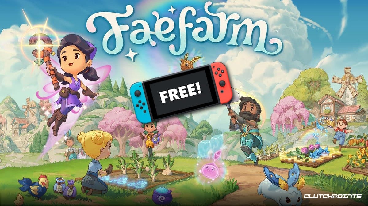 fae farm free, fae farm switch, fae farm nintendo switch, fae farm, key art for the game Fae Farm with a Nintendo Switch under the game logo with the word Free on it