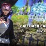 ffxciv callback campaign 2023, ffxiv callback campaign, ffxiv event, ffxiv, a screenshot of an Au'ra character offering their hand with the ffxiv logo on the upper right corner with the words callback campaign 2023 below it
