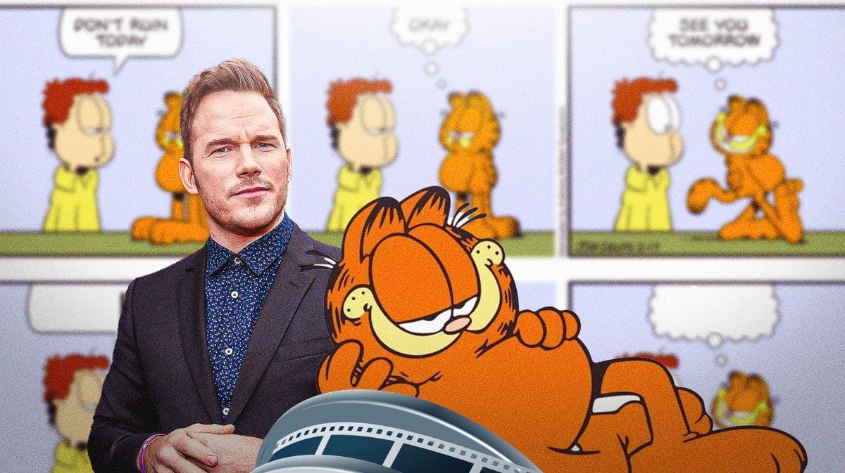 Chris Pratt with Garfield and Garfield comic strips in the background.