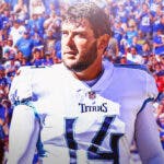Former Tennessee Titan Randy Bullock and a large New York Giants logo to signify he is signing with the Giants