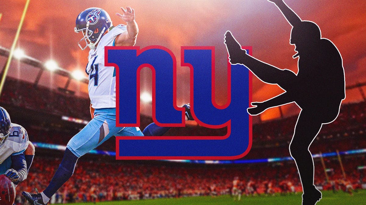 Newly acquired kicker Randy Bullock attempting a field goal next to the Giants logo and a kicker silhouette
