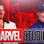Harry Styles and Kevin Feige behind Marvel Studios (MCU) logo.