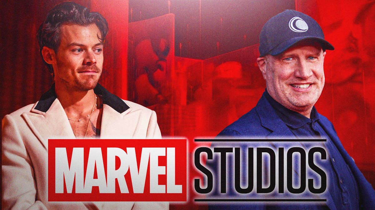 Harry Styles and Kevin Feige behind Marvel Studios (MCU) logo.
