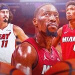 Miami Heat stars Bam Adebayo, Jaime Jaquez Jr., and Josh Richardson in front of the Kaseya Center.