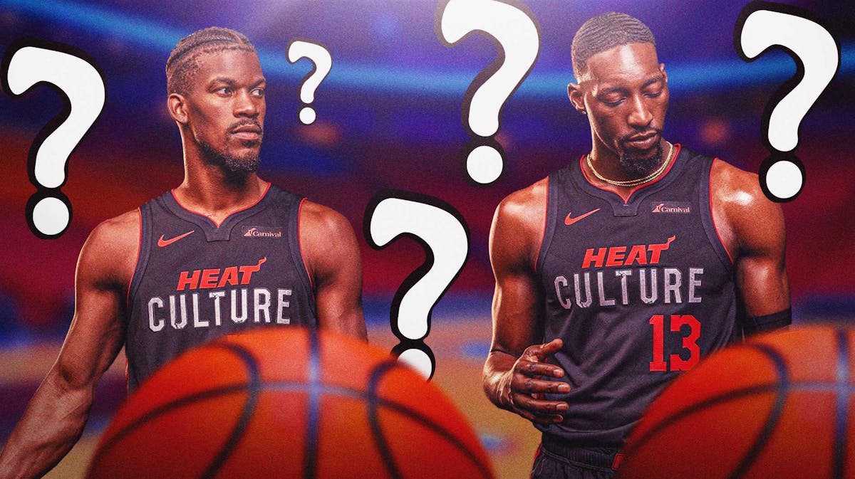 Miami Heat stars Jimmy Butler and Bam Adebayo with question marks around them in front of the Kaseya Center.