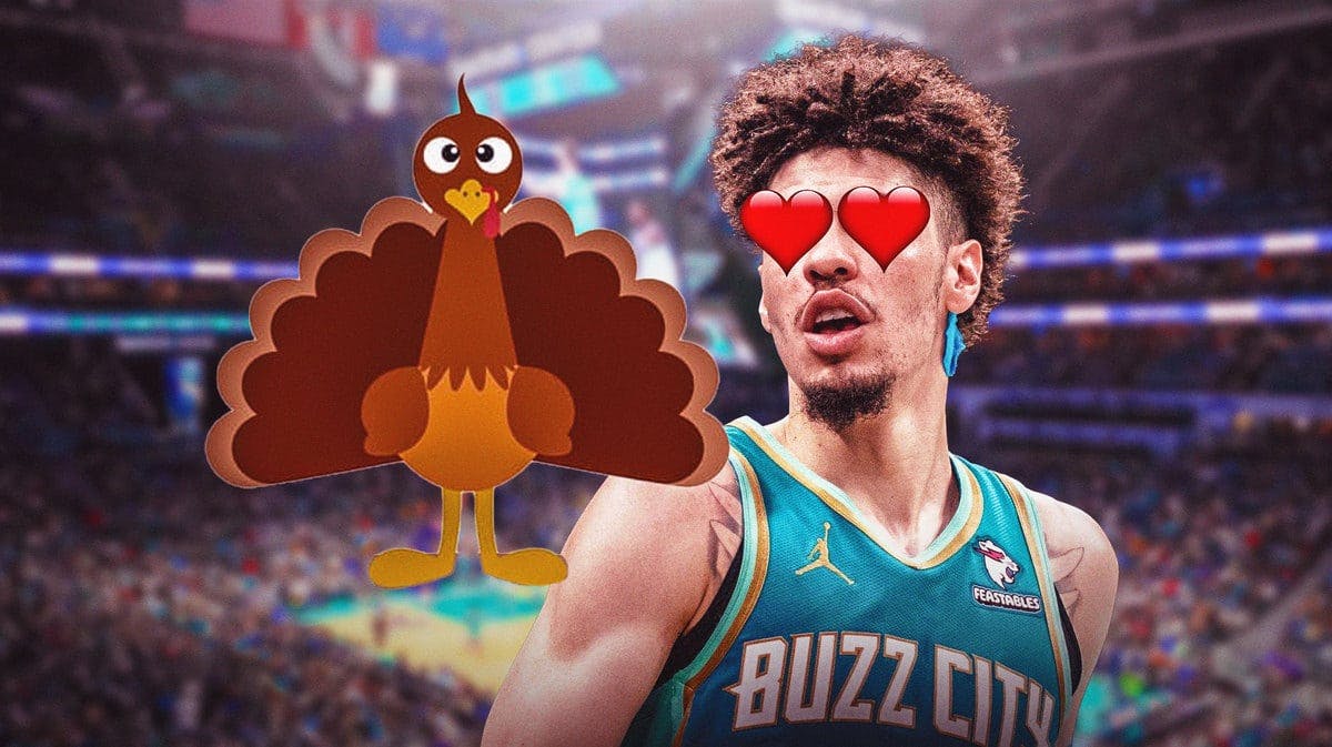 LaMelo Ball with heart eyes looking at a Thanksgiving turkey