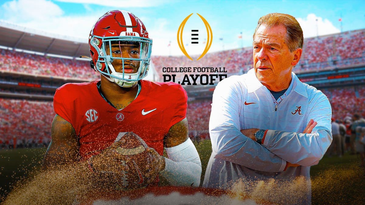 Jalen Milroe and Nick Saban for Alabama football with College Football Playoff logo in the middle