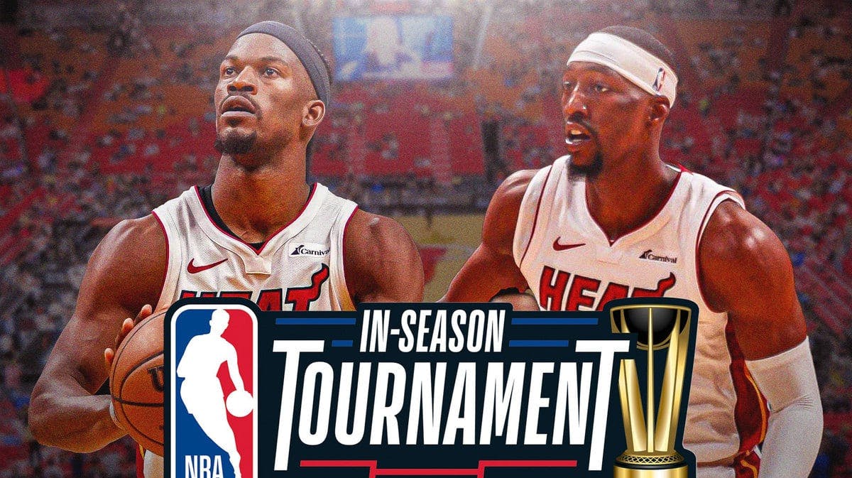 Miami Heat stars Jimmy Butler and Bam Adebayo with the NBA In-season tournament logo in front of the Kaseya Center.