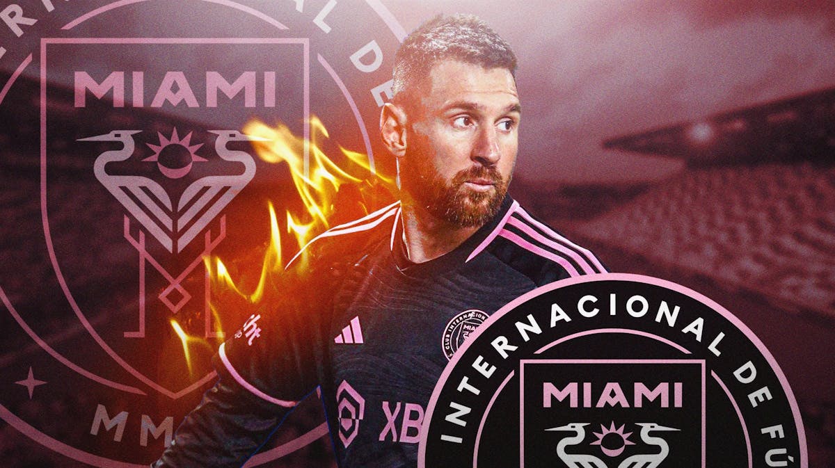 Lionel Messi on fire in front of the Inter Miami logo