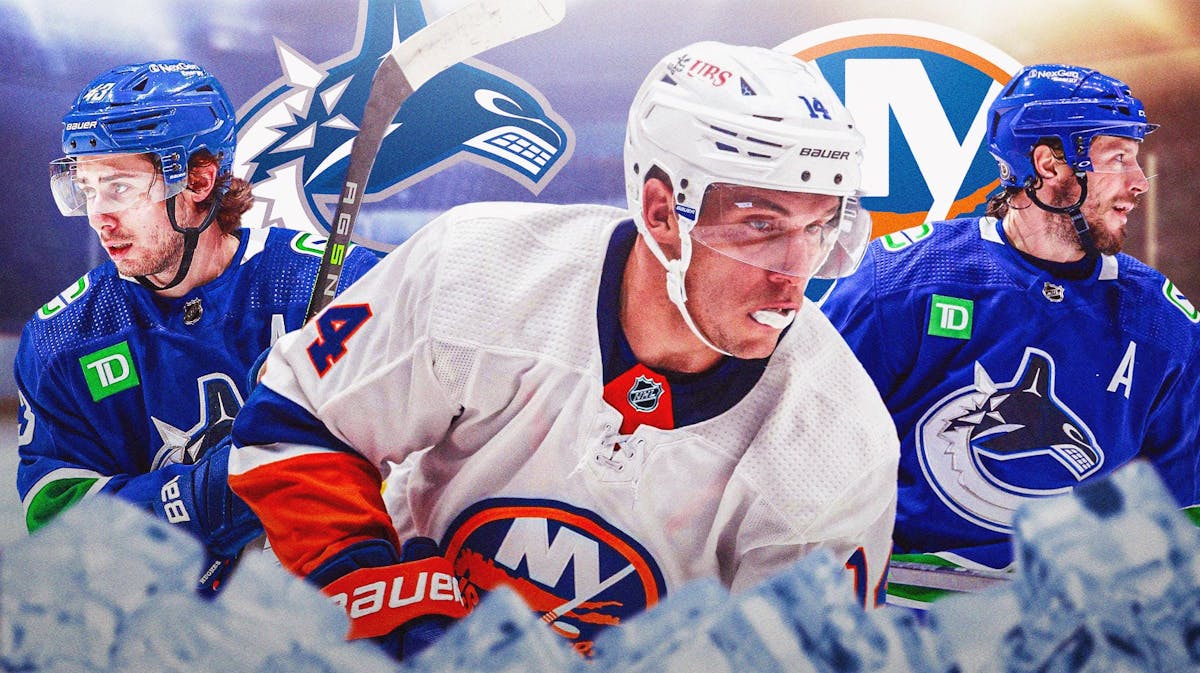 Bo Horvat in middle of image looking stern, Quinn Hughes and JT Miller on either side looking happy, VAN Canucks and NY Islanders logos, hockey rink in background