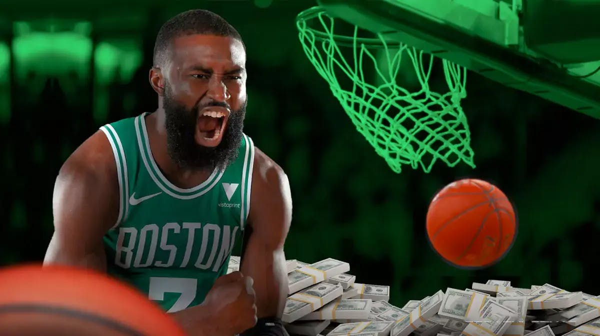 Jaylen Brown surrounded by piles of cash.