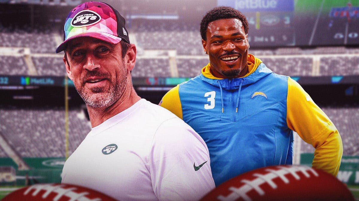 Photo: Aaron Rodgers in Jets uniform with Derwin James in Chargers uniform, both laughing/happy