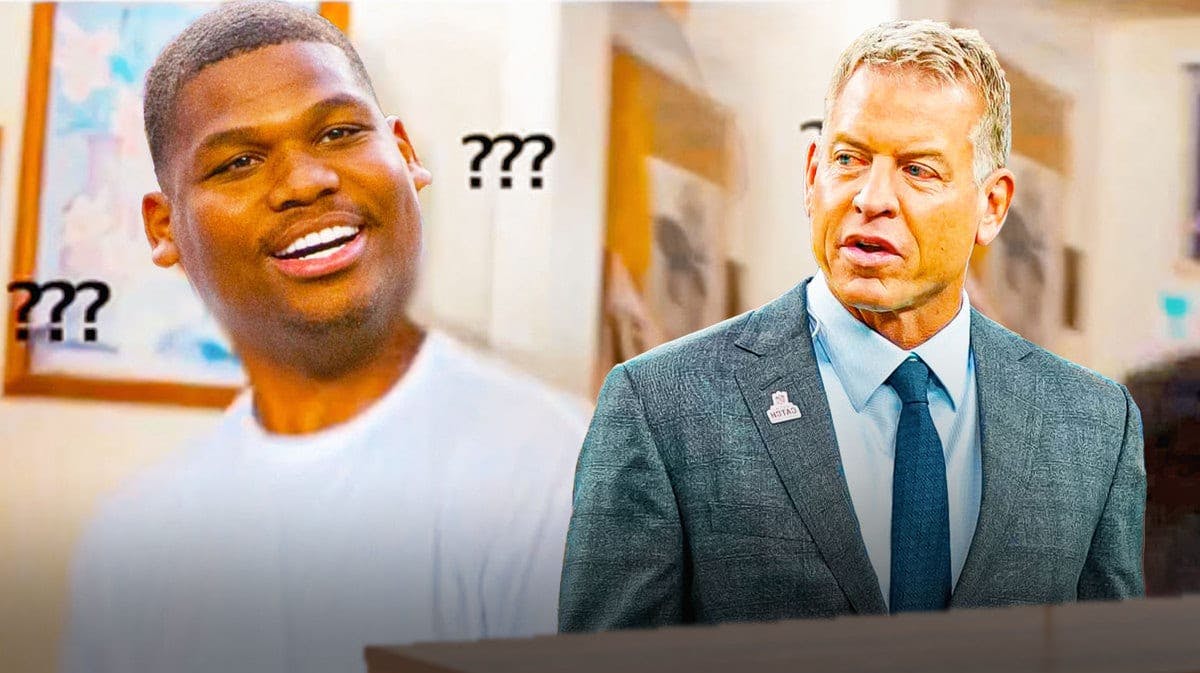 New York Jets' Quinnen Williams' face as the Nick Young confused-looking meme looking at an image of broadcaster Troy Aikman