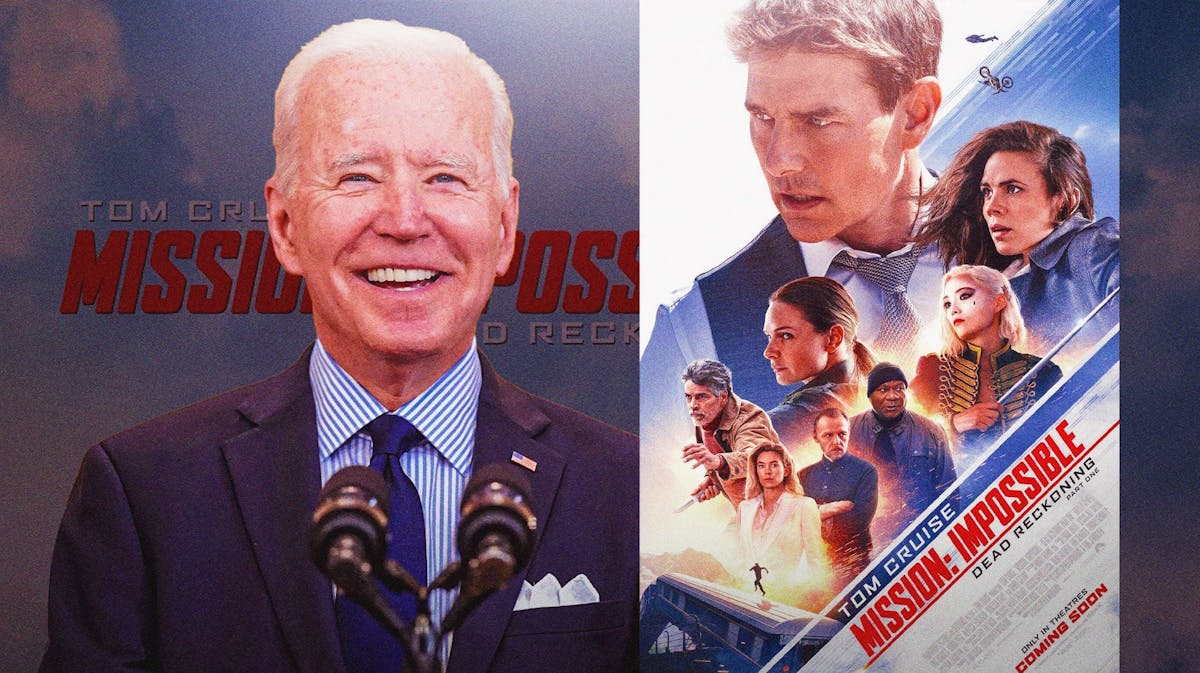 President Joe Biden next to the Mission: Impossible — Dead Reckoning Part One poster.