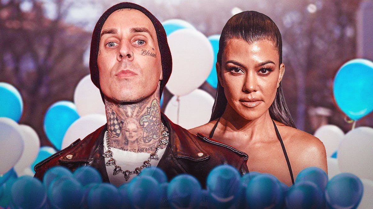 Kourtney Kardashian and Travis Barker with blue balloons