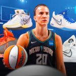 New York Liberty’s player Sabrina Ionescu in the center of the image, surronded by different cut-outs of her Nike shoes, basketballs and the ocean wave emoji