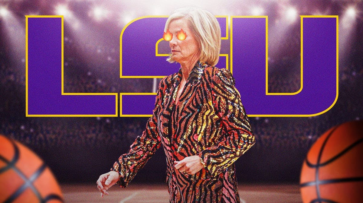 Louisiana State University women’s basketball coach Kim Mulkey, looking angry, with the fire emoji in her eyes on the basketball court.