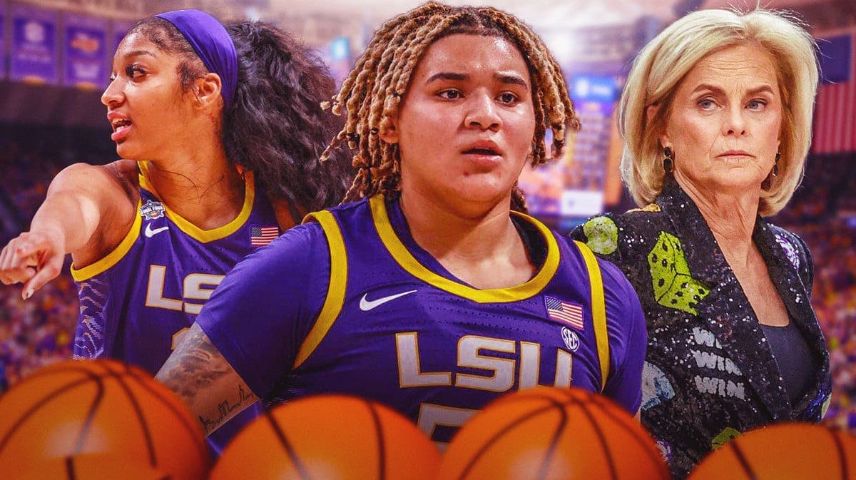 LSU women’s basketball coach Kim Mulkey, LSU women’s basketball player Kateri Poole, and LSU women’s basketball player Angel Reese. Kateri Poole should be in the middle.
