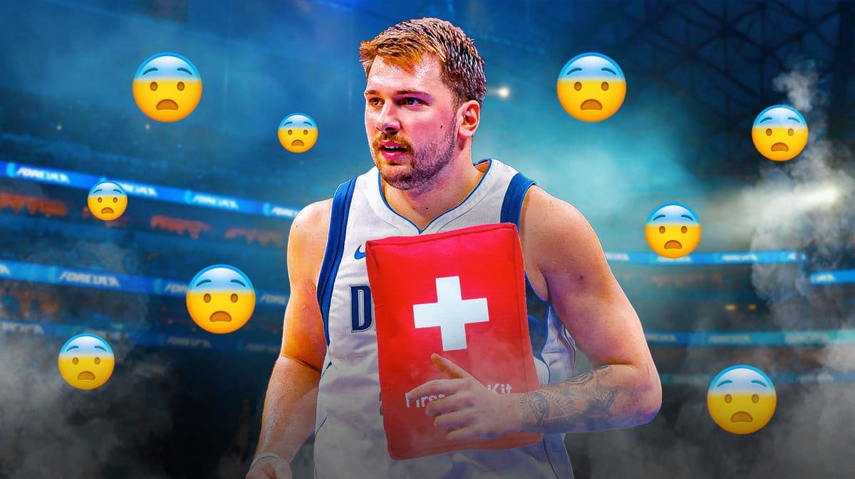 Mavs' Luka Doncic with first-aid kit and with scared emojis in the background