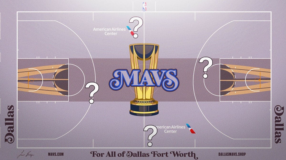 Mavs' NBA In-Season Tournament court design with question marks.
