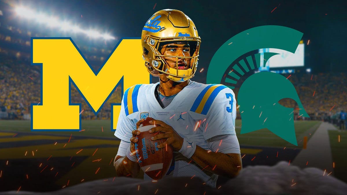 Dante Moore between Michigan and Michigan State logos