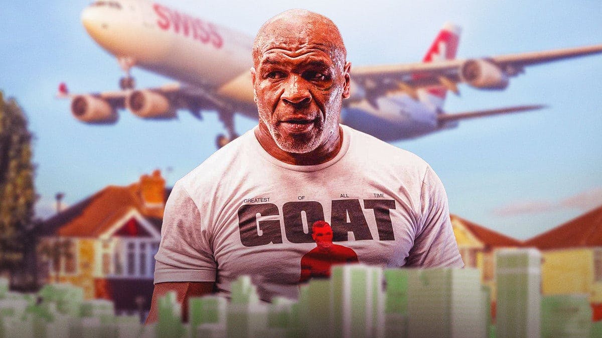 Mike Tyson with a plane behind him