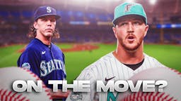 Trevor Rogers in a Marlins jersey next to Logan Gilbert in a Mariners jersey Caption at top or bottom or image that says “On the move?”