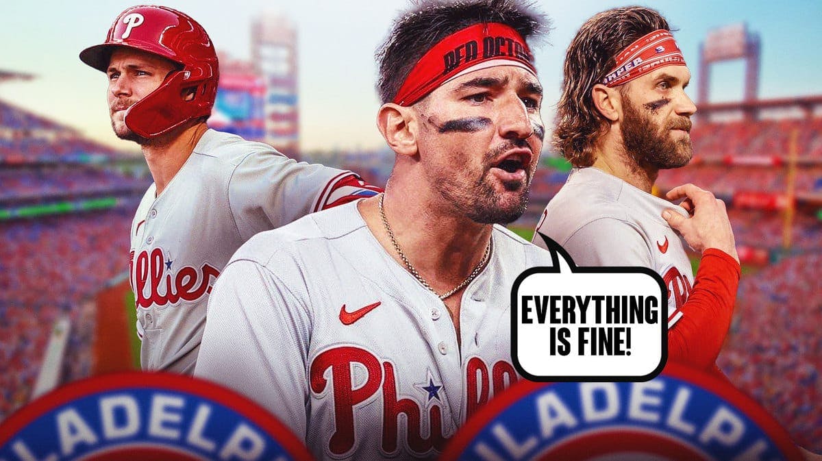 Phillies' Nick Castellanos, Phillies' Bryce Harper, and Phillies' Trea Turner all together at Citizens Bank Park. Have Castellanos say the following: Everything is fine!
