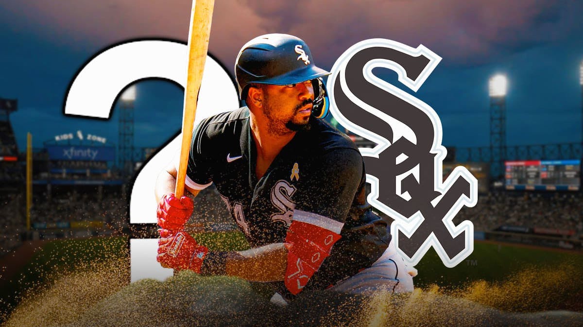White Sox’s Eloy Jimenez swinging a bat. Place a question mark next to him with the White Sox logo in background.