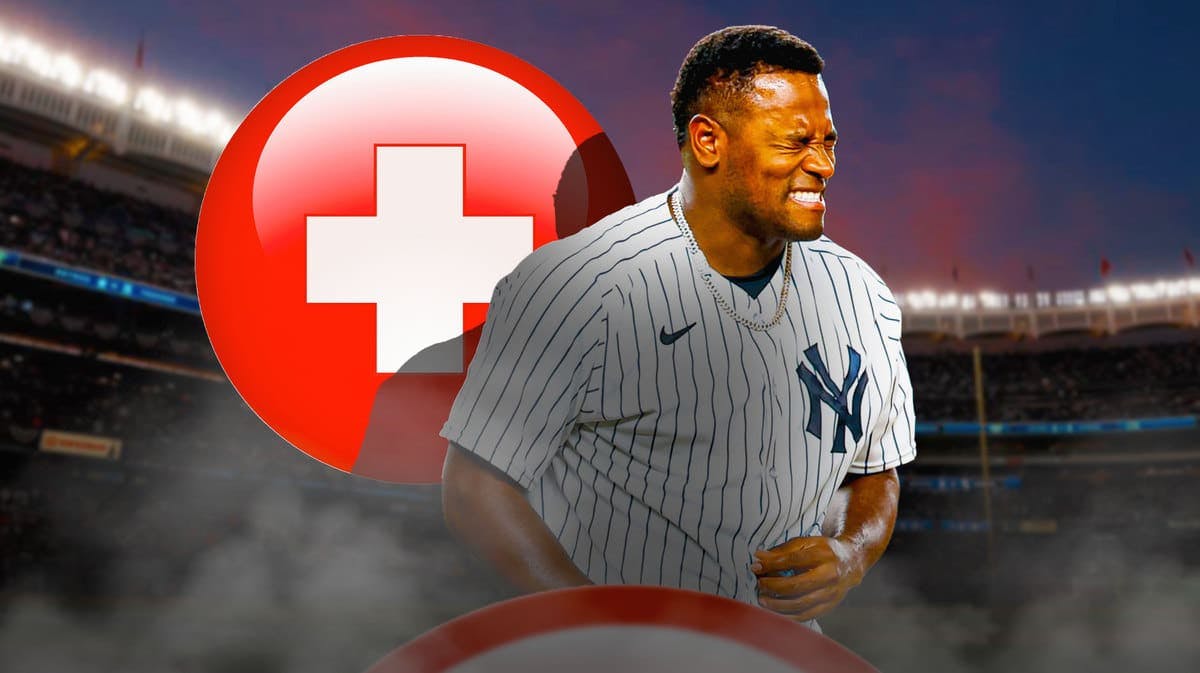 Action shot of Luis Severino of the Yankees with a medical cross symbol