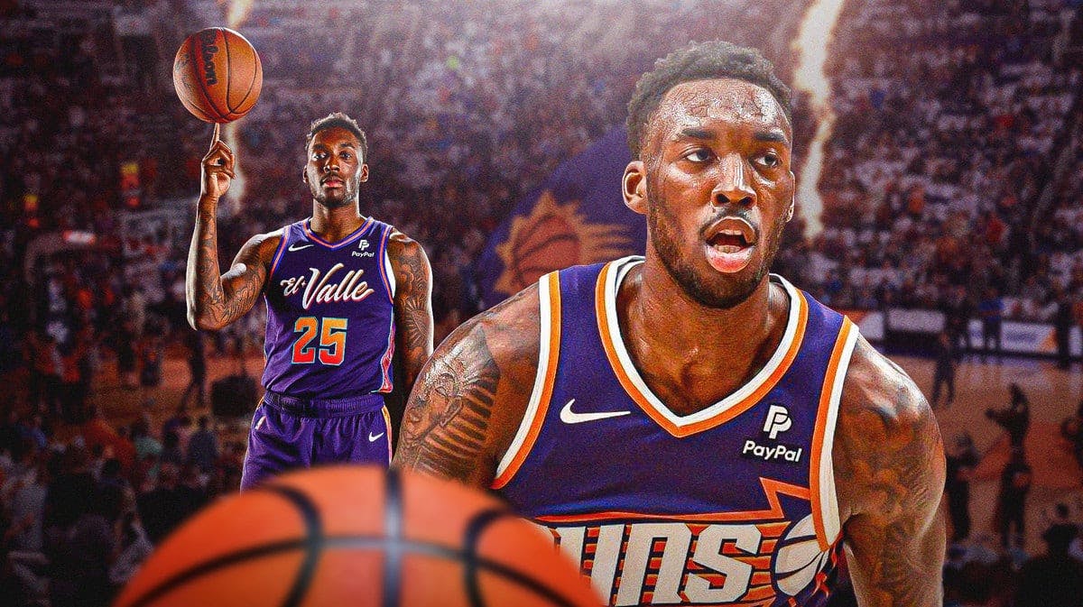 Phoenix Suns guard Nassir Little with a background photo of floor