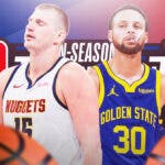 Nuggets' Nikola Jokic and Warriors' Stephen Curry with NBA In-Season Tournament logo